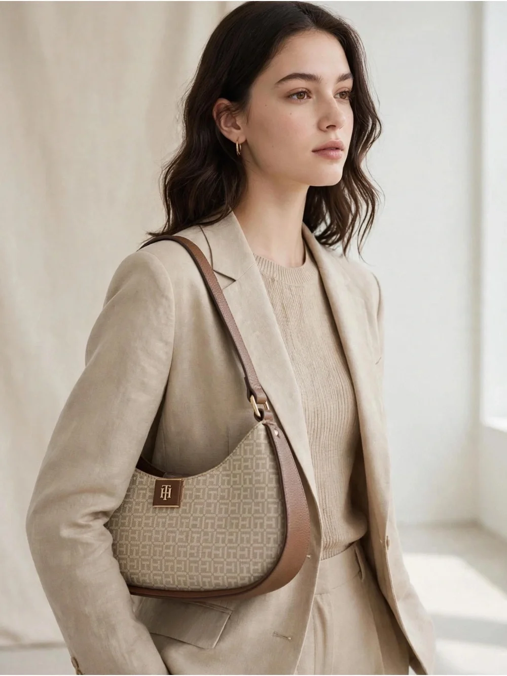 Tommy Hilfiger Beige Monogram Shoulder Bag with Brown Trim